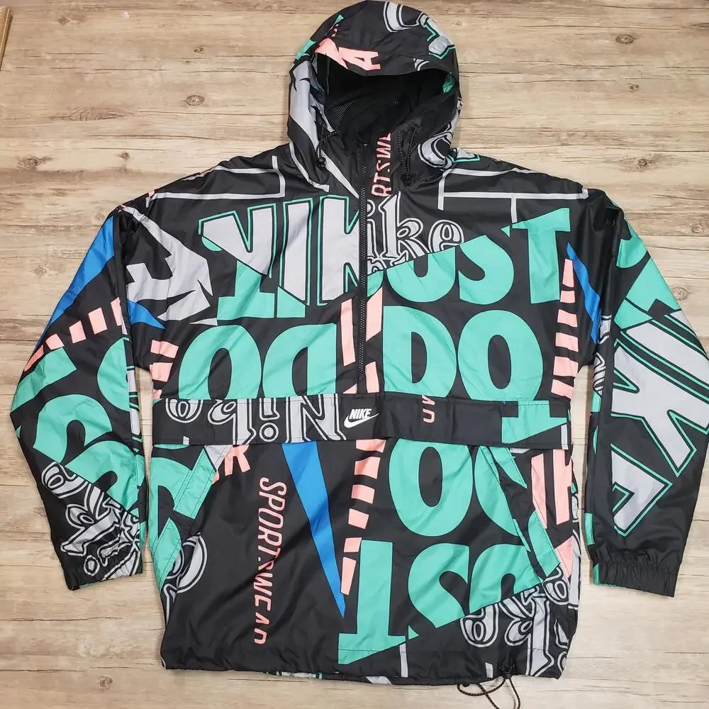 Nike IDJ Jacket Mens M Multicolor Just Do It Hooded 1/2 Zip Windbreaker All Over